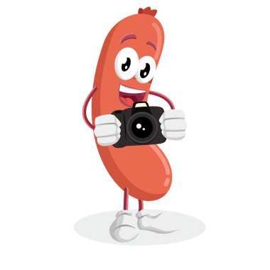 Sosis maskotu ve markanızı maskot için düz tasarım stili ile kamera poz ile arka plan.