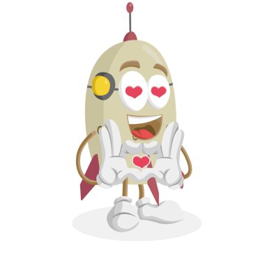 Markanızı maskot için düz tasarım stili ile roket maskotu ve arka planda aşk poz.