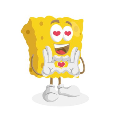 Markanızı maskot için düz tasarım stili ile sünger maskotu ve arka planda aşk poz.