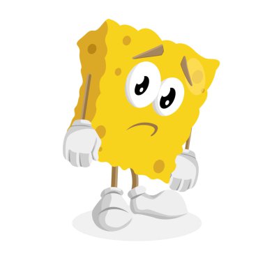 Markanızı maskot için düz tasarım stili ile sünger maskotu ve arka plan üzgün poz.