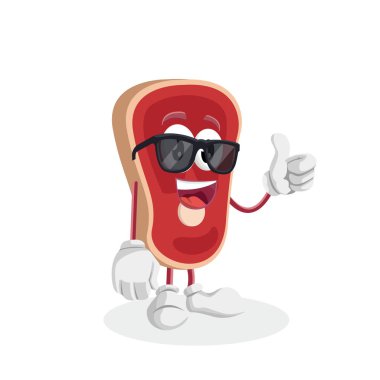 Markanızı maskot için düz tasarım stili ile et maskotu ve arka plan başparmak poz.