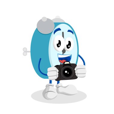 Saat maskotu ve markanızı maskot için düz tasarım stili ile kamera poz ile arka plan.