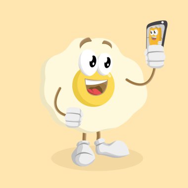 Markanızı maskot için düz tasarım stili ile yumurta maskotu ve arka plan ile selfie poz.