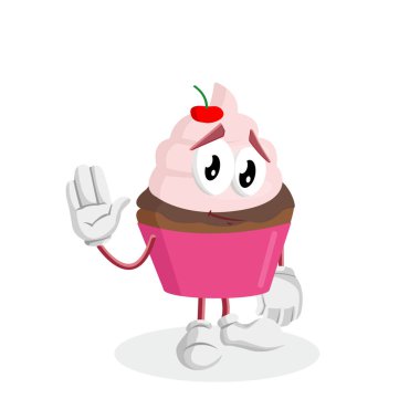 Markanızı maskot için düz tasarım stili ile cupcake maskotu ve arka plan elveda poz.