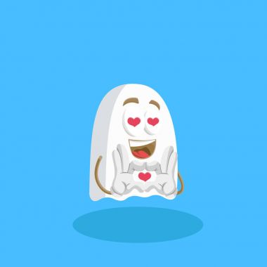 Hayalet maskotu ve arka planda aşk poz markanızı maskot için düz tasarım stili ile.