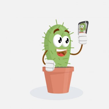 Kaktüs maskotu ve markanızı maskot için düz tasarım stili ile selfie poz ile arka plan.