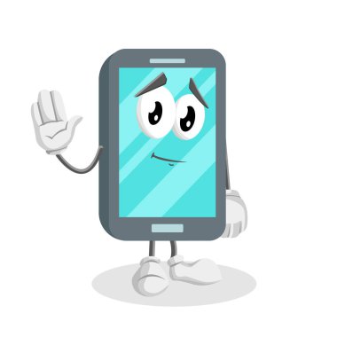 Markanızı maskot için düz tasarım stili ile Smartphone maskotu ve arka plan üzgün poz.