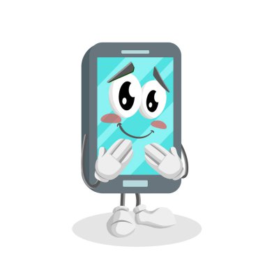 Markanızı maskot için düz tasarım stili ile Smartphone maskotu ve arka plan üzgün poz.