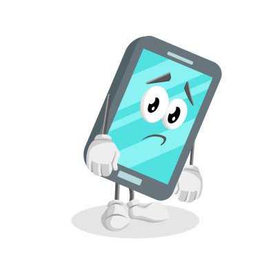 Markanızı maskot için düz tasarım stili ile Smartphone maskotu ve arka plan üzgün poz.