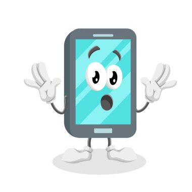 Markanızı maskot için düz tasarım stili ile Smartphone maskotu ve arka plan sürpriz poz.