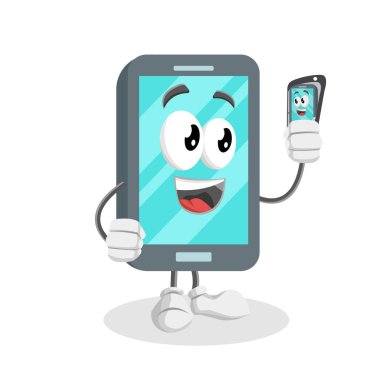 Markanızı maskot için düz tasarım stili ile Smartphone maskotu ve arka plan ile selfie poz.