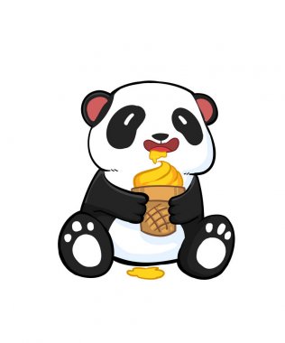 Buz tutan panda maskot ve arka plan logo veya maskotu marka düz tasarım stili ile krem