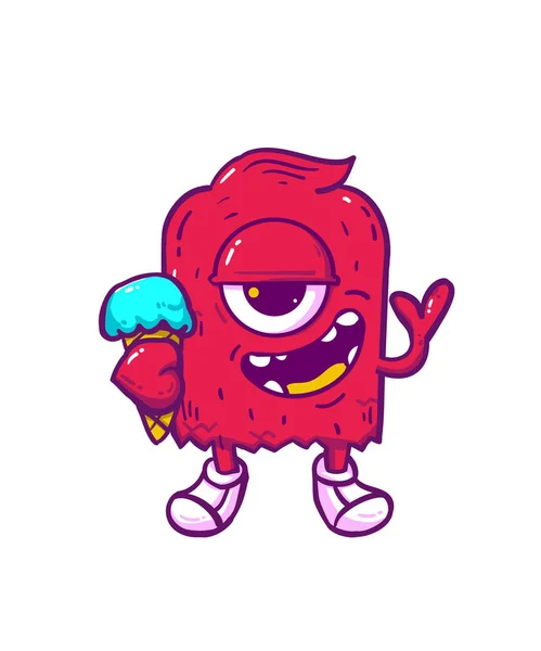 Red Monster Cute Holding Ice Cream Mascot Background Flat Design — Stock Vector