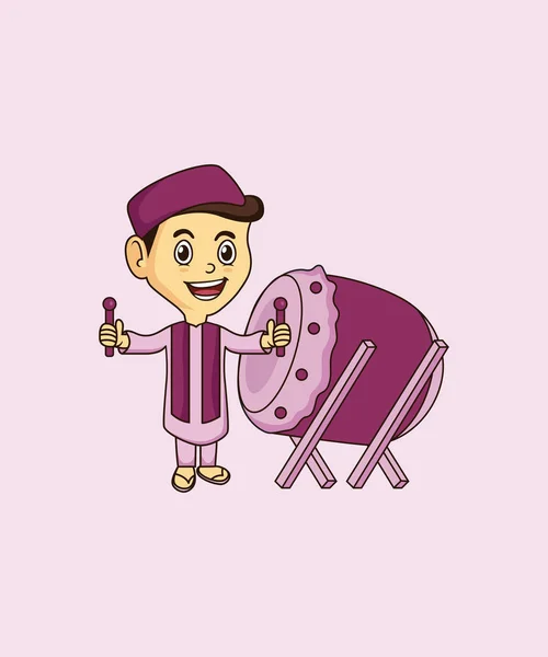 Schattig Moslim Mascotte Achtergrond Bedug Pose Met Platte Ontwerpstijl Voor — Stockvector