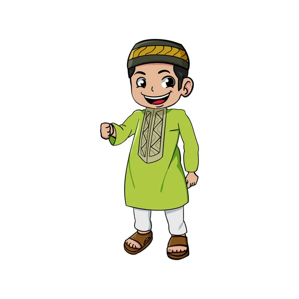 Cute Maskot Muslim Dan Latar Belakang Dengan Gaya Desain Datar - Stok Vektor