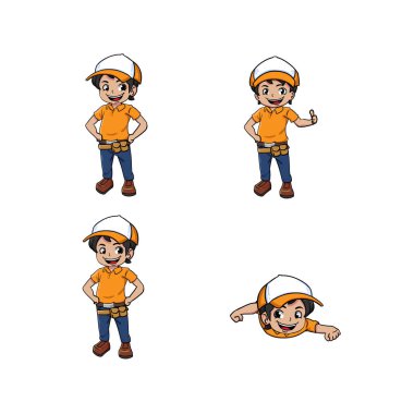 İşçi maskotu ve logosu veya maskotu marka düz tasarım stili ile arka plan hazır