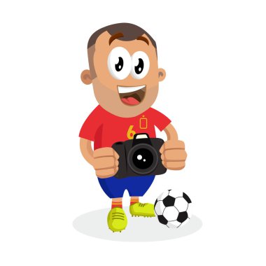 Logo veya maskotu marka düz tasarım stili ile İspanya maskotu ve arka plan ile kamera poz