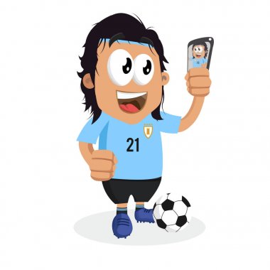 Logo veya maskotu marka düz tasarım stili ile Uruguay maskotu ve arka plan ile selfie poz