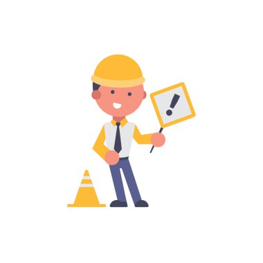 Logo veya maskotu marka düz tasarım stili ile işçi düz ve arka plan bakım poz