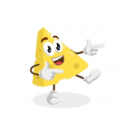 Logo veya maskotu marka düz tasarım stili ile peynir maskotu ve arka plan Hi poz