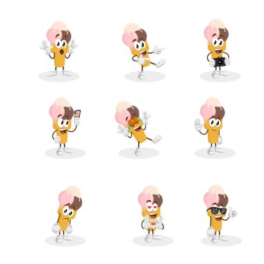 Dondurma maskotu ve logosu veya maskotu marka düz tasarım stili ile arka plan hazır