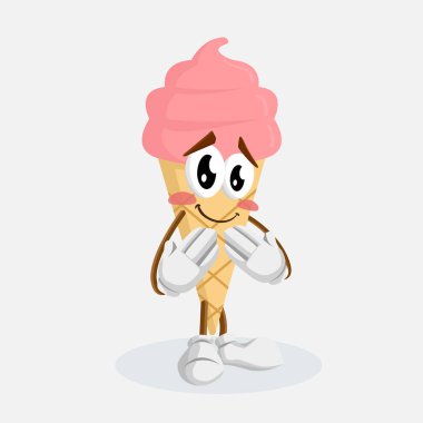 Dondurma koni pembe maskotu ve arka plan utanç pozuyla logo veya marka maskot için düz tasarım stil