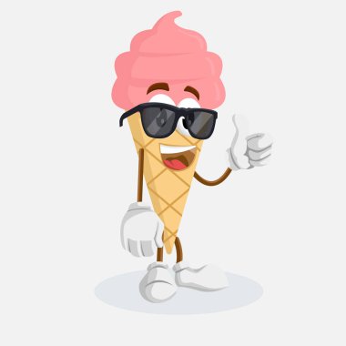 Dondurma koni pembe maskotu ve arka plan başparmak poz logo veya maskotu marka düz tasarım stili ile
