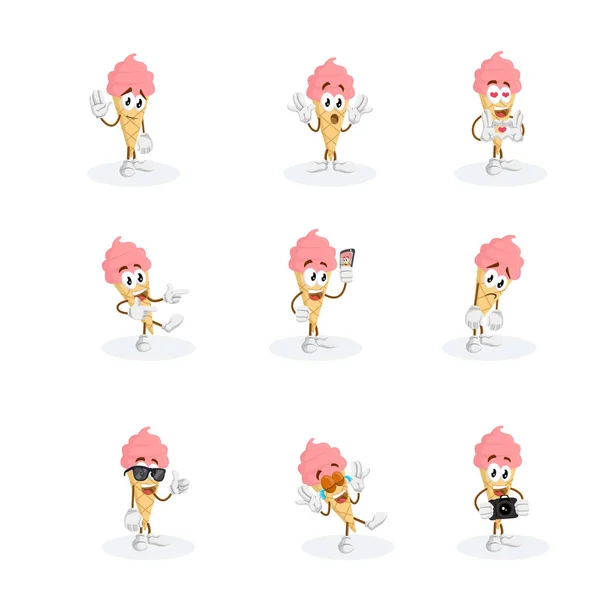 All Set Ice Cream Cone Pink Mascot Background Flat Design — Stock Vector
