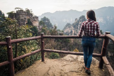 Ayakta ve dağ harika manzarasını izlerken Gezgin