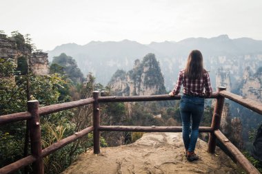 Ayakta ve dağ harika manzarasını izlerken Gezgin