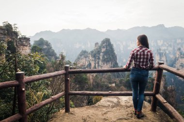 Ayakta ve dağ harika manzarasını izlerken Gezgin