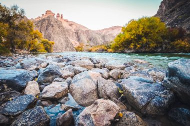 Doğal görünümü içinde Çarın Kanyonu. Güzel ağaç ve nehir