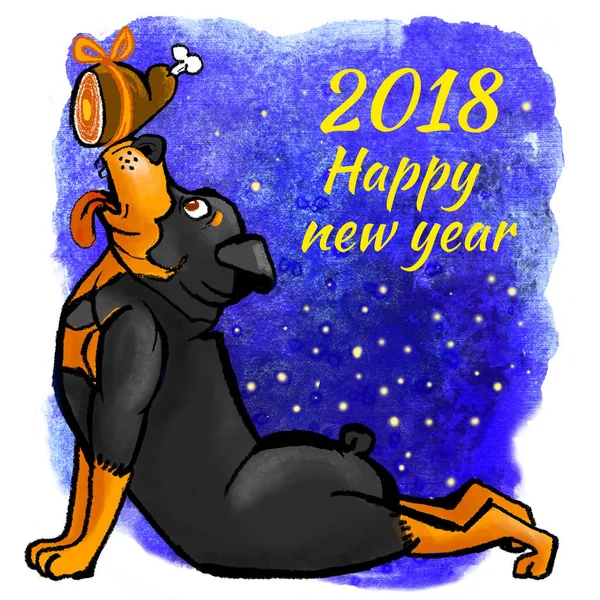 Rottweller Köpek Yeni Yıl 2018 Illüstrasyon Tebrik Kartı Bir Köpek — Stok fotoğraf