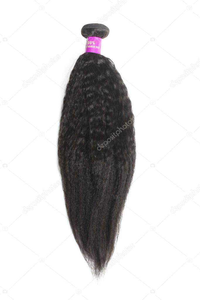 Kinky straight italian yaki hair bundle stock photo, isolated on white background, with hot pink bundle wrap.  Black 100% human virgin hair extensions, for sew ins and weaves.