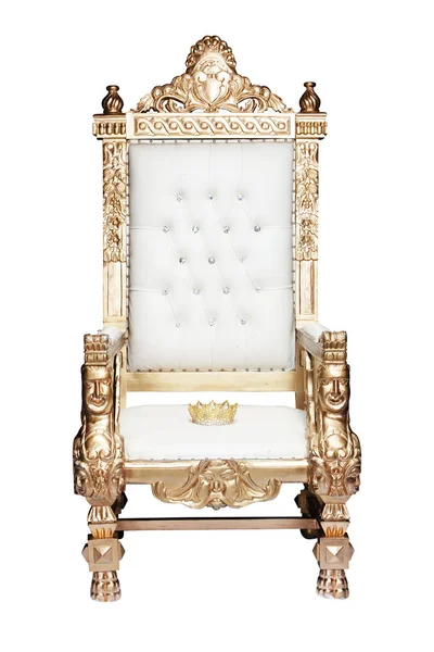 Royal gold throne chair with gold crown sitting in it.