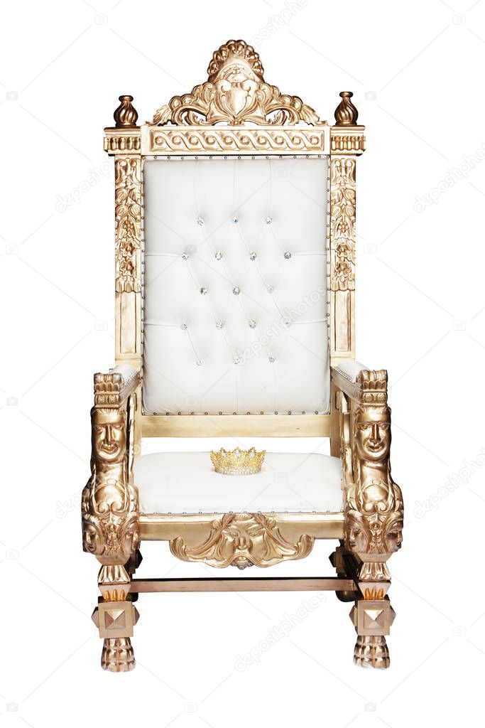Royal gold throne chair with gold crown sitting in it. 