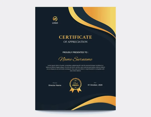 Dark Blue Background Gold Waves Vertical Certificate — Stock Vector