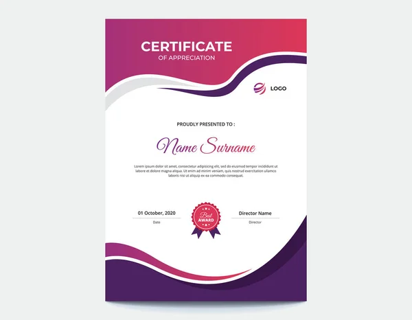 Сертификат Вертикальных Фиолетовых Розовых Волн — стоковый вектор