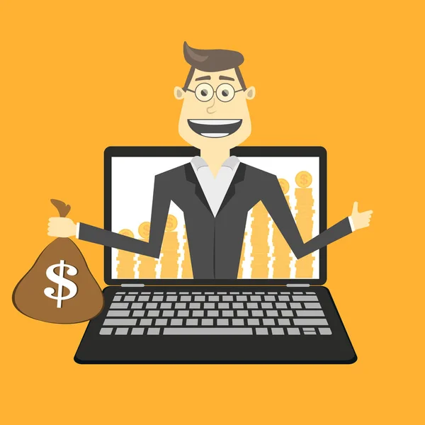 Ilustración Hombre Negocios Computadora Con Dinero — Vector de stock