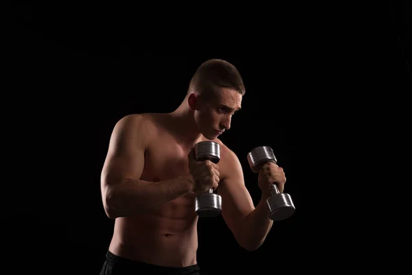 Young Shirtless Athlete Exercise Hand Weights Black Background — Stock Photo, Image