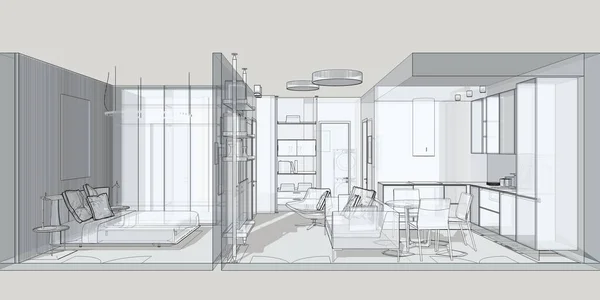 Interior Design Moderno Schizzo Dell Appartamento — Foto Stock