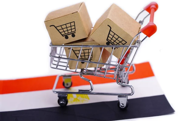 Box with shopping cart logo and Egypt flag : Import Export Shopping online or eCommerce finance delivery service store product shipping, trade, supplier concept