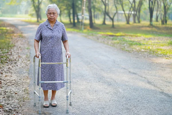 亚洲老年妇女患者与步行者在公园散步 健康有力的医疗理念 — 图库照片