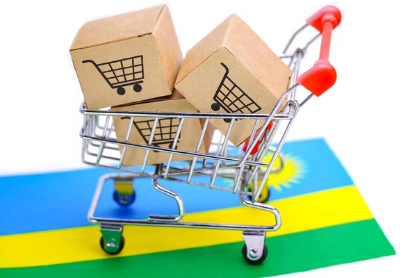 Box with shopping cart logo and Rwanda flag : Import Export Shopping online or eCommerce finance delivery service store product shipping, trade, supplier concept