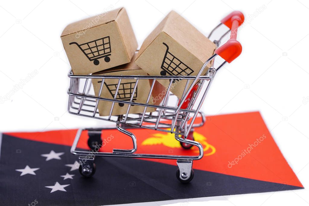 Box with shopping cart logo and Papua New Guinea flag : Import Export Shopping online or eCommerce finance delivery service store product shipping, trade, supplier concept