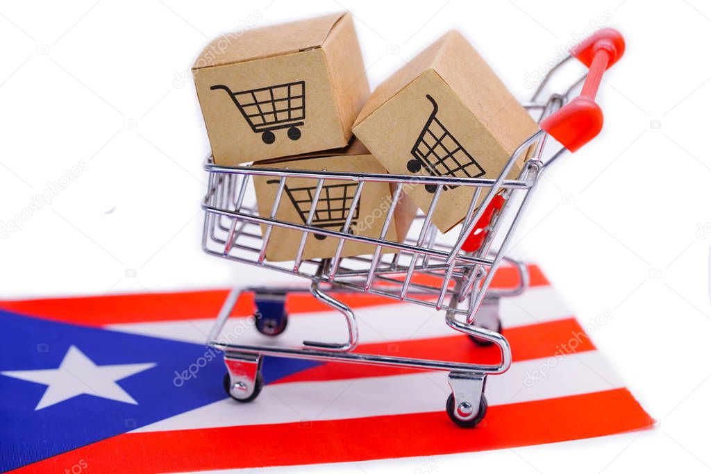 Box with shopping cart logo and Puerto Rico flag : Import Export Shopping online or eCommerce finance delivery service store product shipping, trade, supplier concept