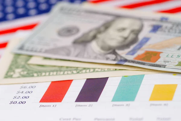 Bandera Estados Unidos Con Billetes Dólares Fondo Del Gráfico Cuenta — Foto de Stock