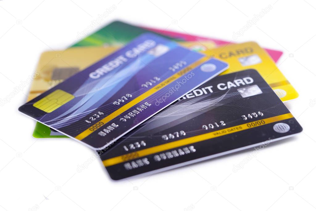 Credit card model with coins and Euro banknotes : Financial development, Accounting, Statistics, Investment Analytic research data economy office Business company banking concept.