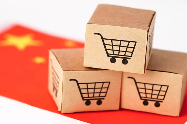 Box Shopping Cart Logo China Flag Import Export Shopping Online — 스톡 사진