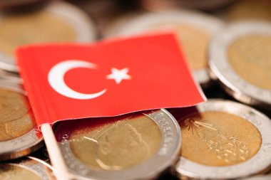 Turkey Flag on coins background : Business and finance concept.